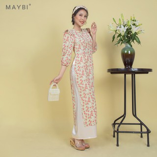 Áo dài Maybi hoạ tiết hoa nhí hồng nền trắng tay phồng lửng phối bèo