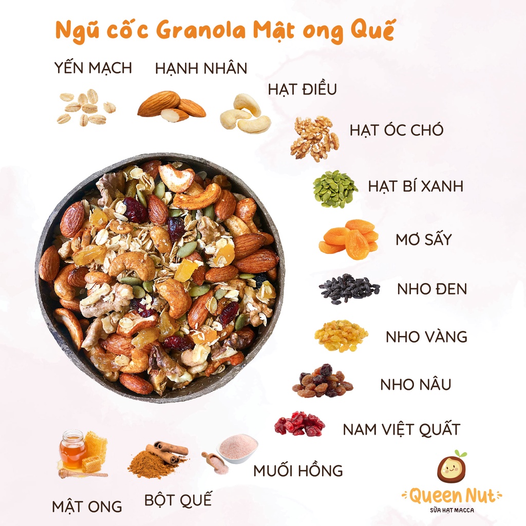 Ngũ cốc Ăn Kiêng, Giảm cân Granola Không đường Siêu Hạt 500G - Bữa sáng /bữa phụ dinh dưỡng, tiện lợi, giảm cân