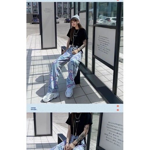 Quần Jean Ống Rộng Lưng Cao Hoạ Tiết Hoạt Hình Siêu Chất