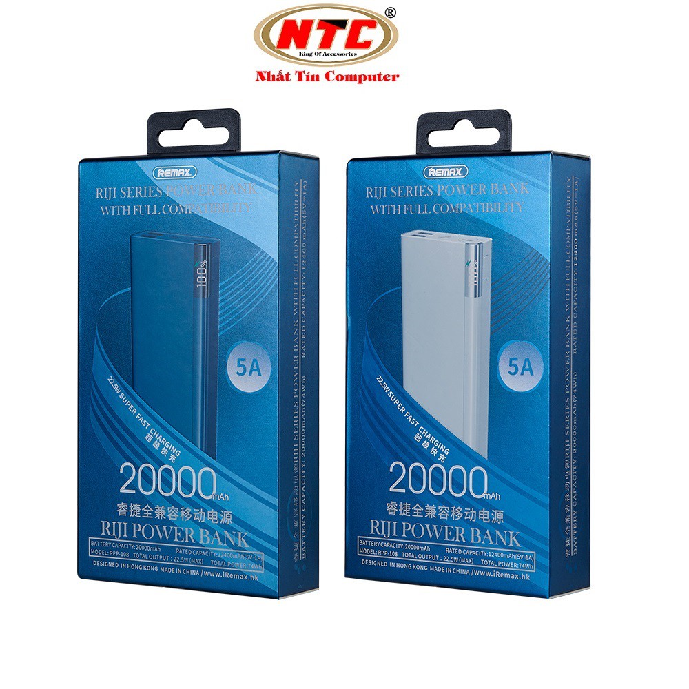 Pin sạc dự phòng Remax RPP-108 20000mAh lõi Li-polymer, 2 cổng sạc nhanh Output QC 3.0 và PD 18W Type-C max 5A 22.5W