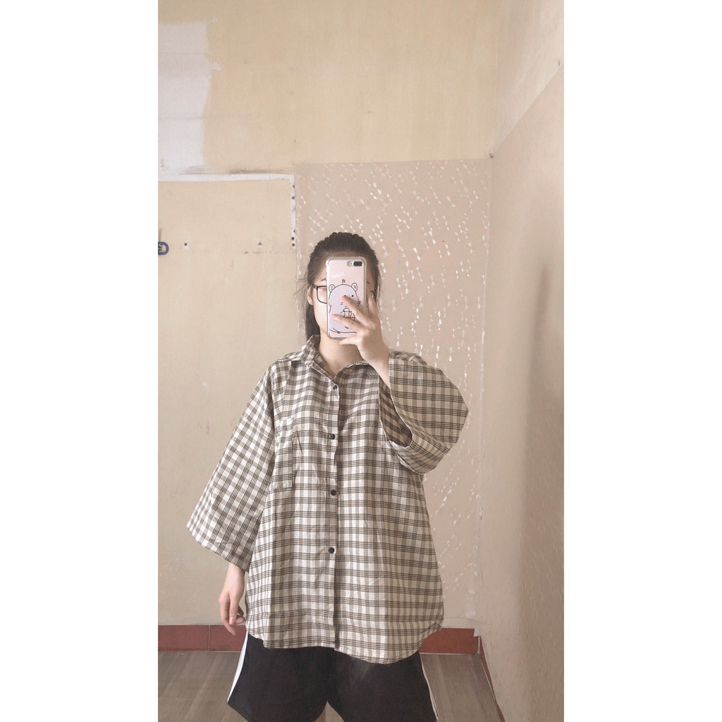 Áo khoác nhẹ kiểu dáng sơ mi kẻ cộc tay form rộng unisex thời trang Hàn Quốc