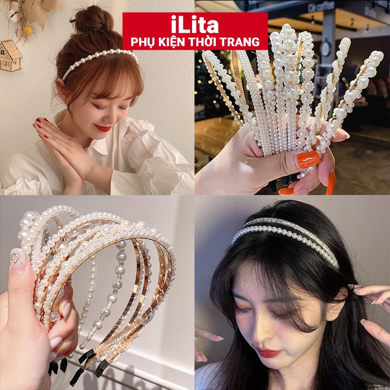 Băng đô bờm cài tóc ngọc trai đính đá phong cách Hàn Quốc iLita mấn áo dài tết cô dâu cho nữ tiểu thư đẹp sang trọng