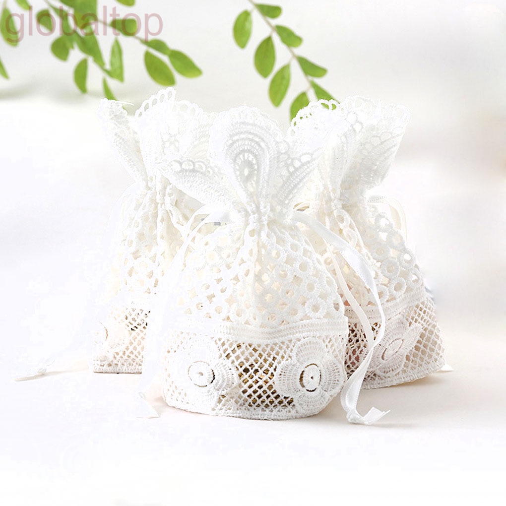 Túi dây rút đựng trang sức bằng vải lanh cotton phối ren màu trắng
