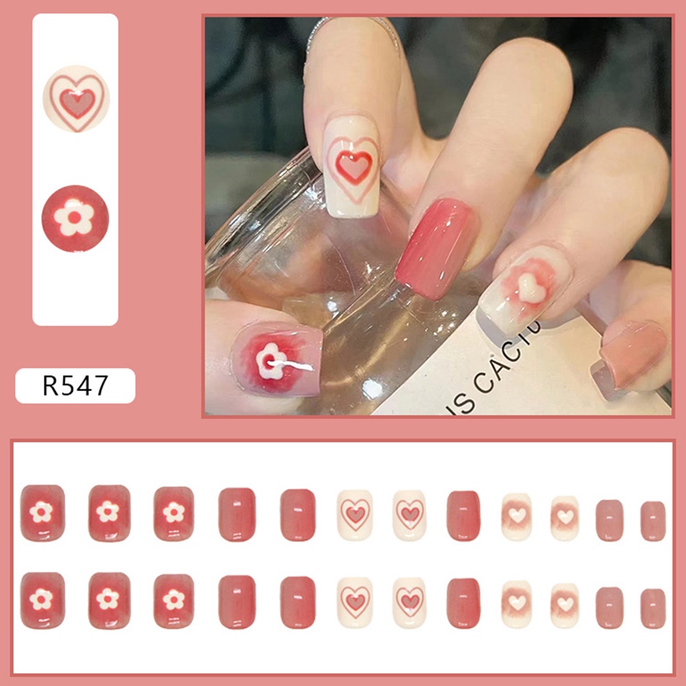 Set 24 móng tay giả YADORNOS màu hồng/ trắng họa tiết trái tim cho nữ