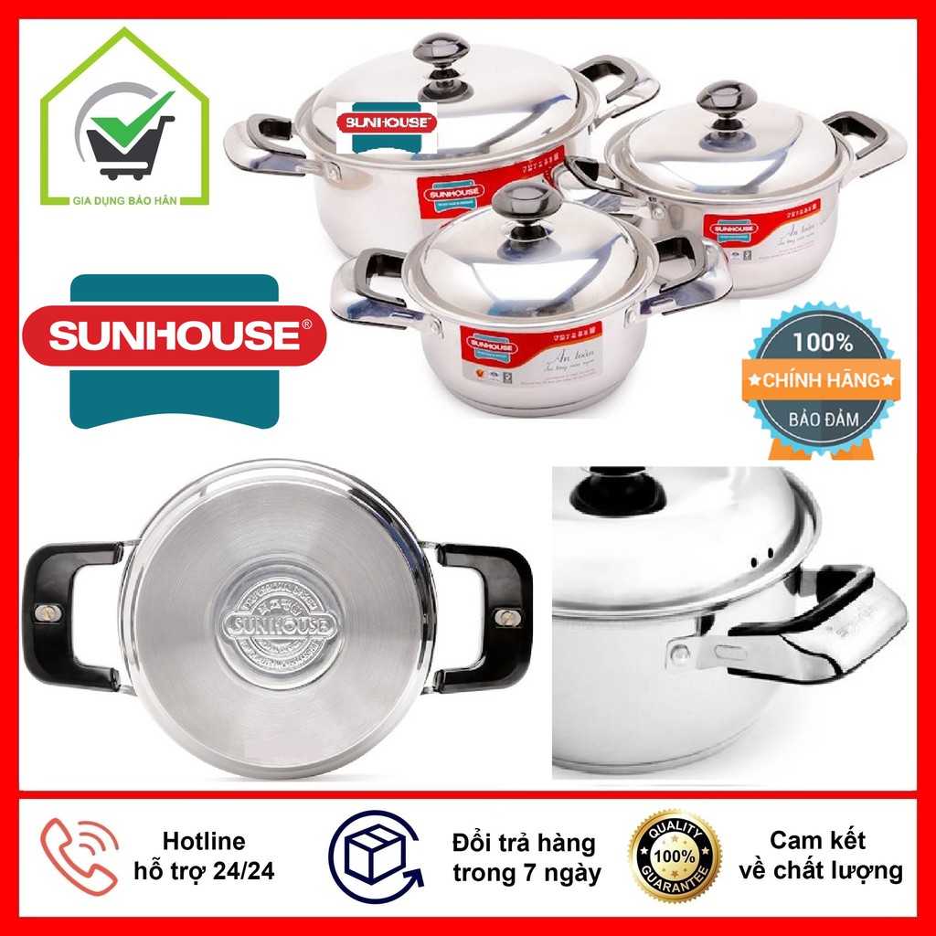 Bộ Nồi Inox 3 Đáy Cao Cấp SUNHOUSE SH333 - Hàng Chính Hãng, Dùng Cho Mọi Loại Bếp