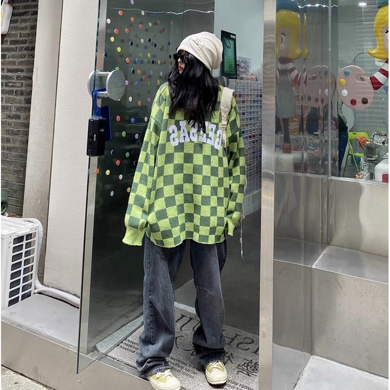 Áo len hoạ tiết bàn cờ hot tiktok douyin ulzzang