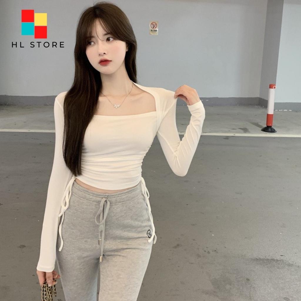 Áo croptop ❤️ Áo thun nữ dáng ôm tay dài rút dây phong cách Ulzzang Hải Lan Store HL04