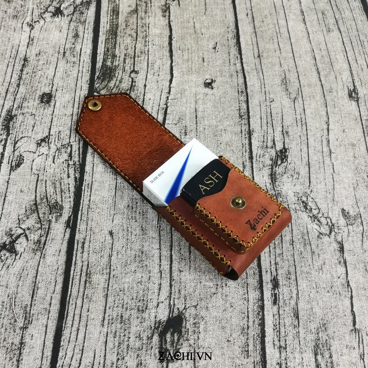 Bao da đựng gói thuốc lá kiêm zippo da bò thật 100% handmade -  BT223