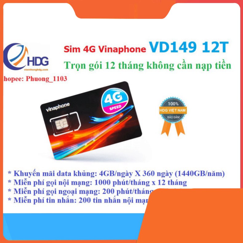 SIÊU RẺ QUÁ Ạ [Miễn phí 1 năm] SIM 4G Vinaphone VD149 4GB/ngày, Gọi Nội Mạng 30 Phút ,Ngoại Mạng 200 phút SIÊU RẺ QUÁ Ạ