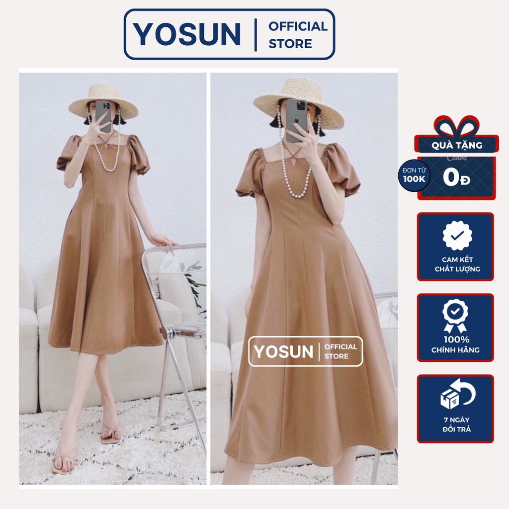 Đầm Dự Tiệc Dáng Xòe Tay Bồng Ngắn Phối Dây Cổ Sang Chảnh, Váy Thiết Kế Đi Đám Cưới Cổ Vuông Phong Cách Quý Cô Màu Kem