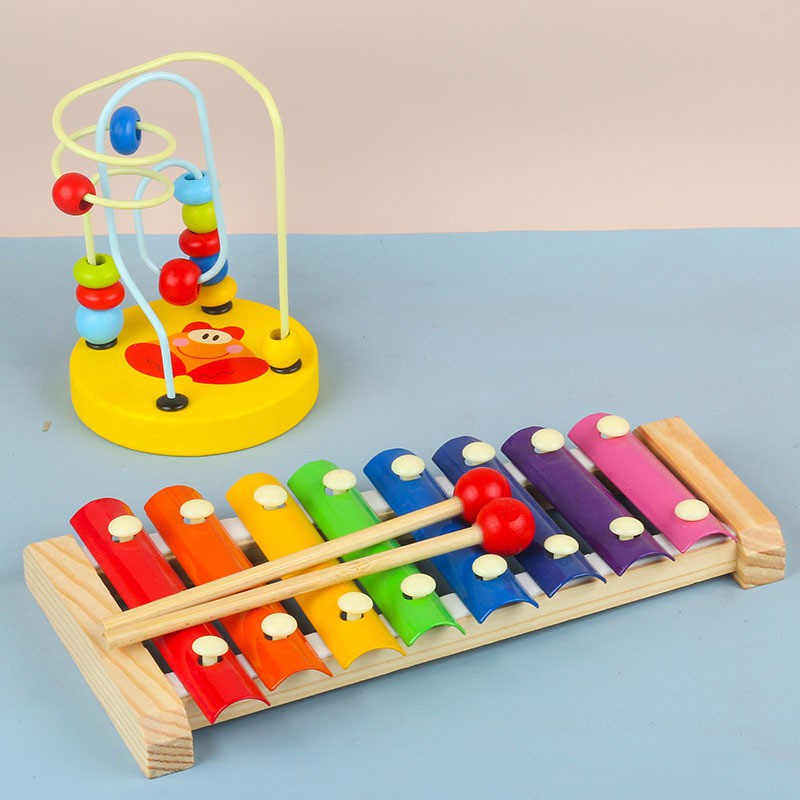 Bộ 4 đồ chơi gỗ Đàn gõ 8 thanh, Sâu gỗ, tháp xếp chồng gỗ cầu vồng, luồn hạt giúp bé phát triển EQ thỏa sức sáng tạo