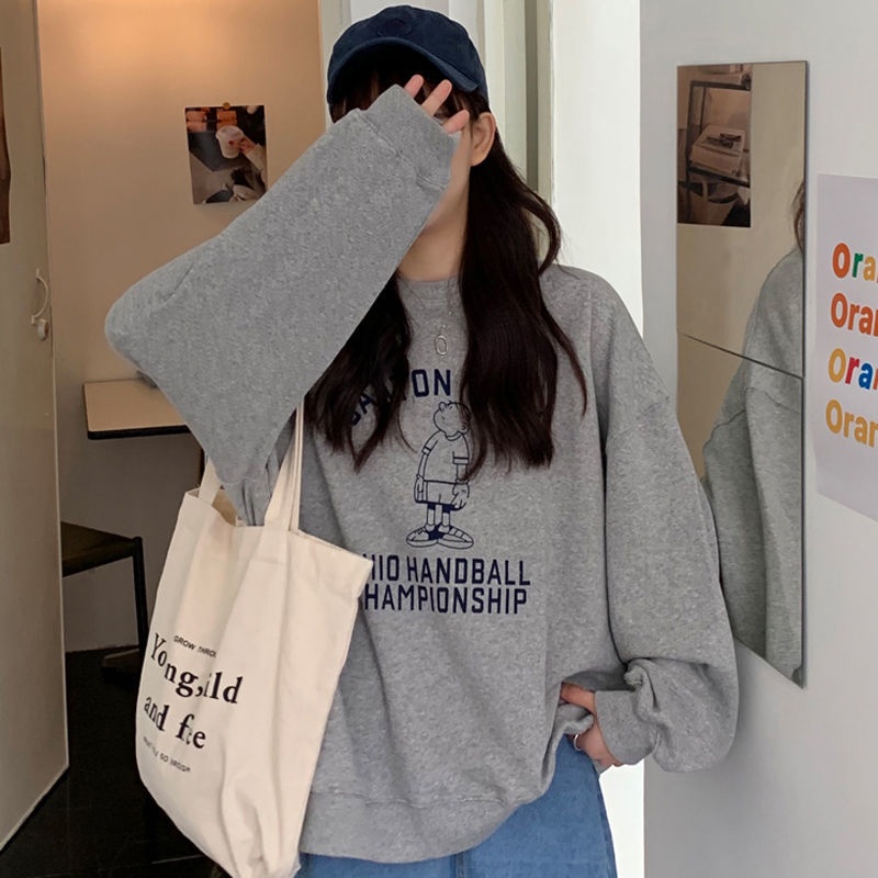 Áo Sweater Cổ Tròn Dáng Rộng In Chữ Hoạt Hình Phong Cách Hàn Quốc Thời Trang Cho Nữ 2021