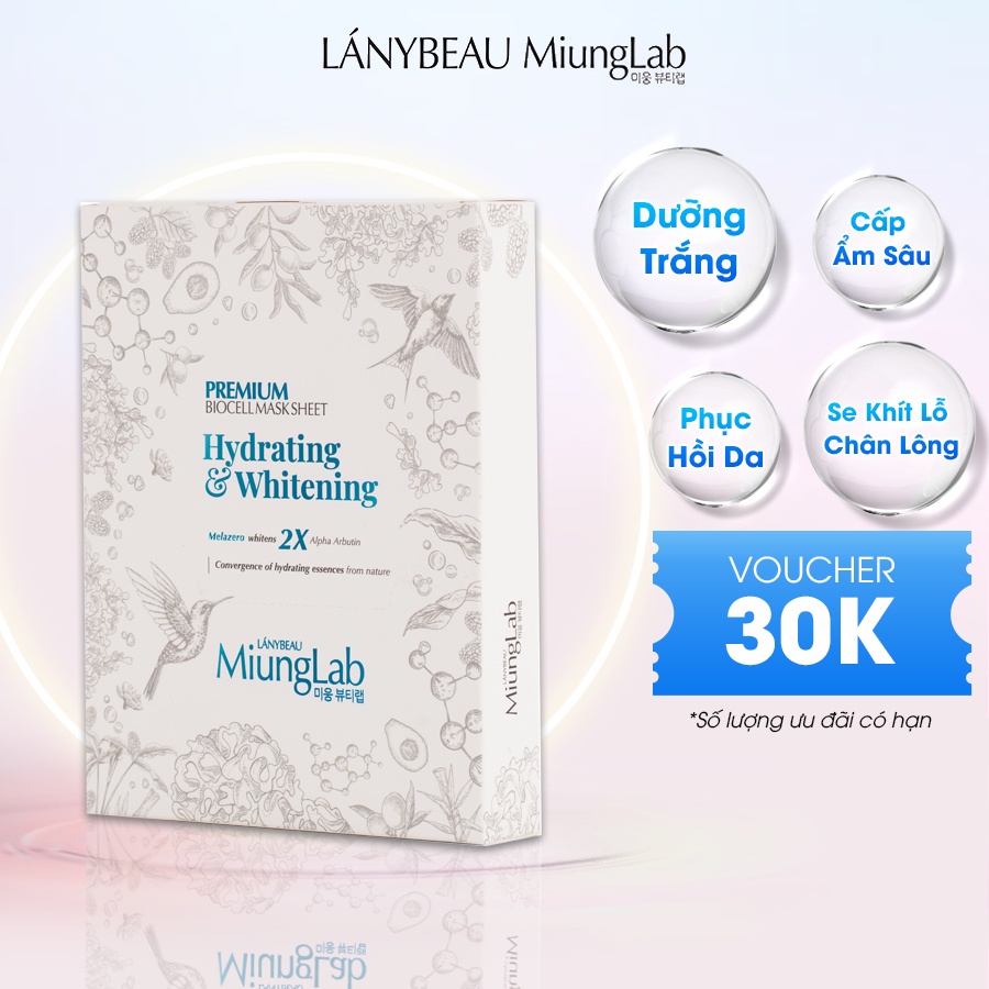 Hộp 8 miếng Mặt nạ cấp ẩm và dưỡng trắng da LÁNYBEAU MiungLab Premium Hydrating & Whitening Biocell Mask Sheet