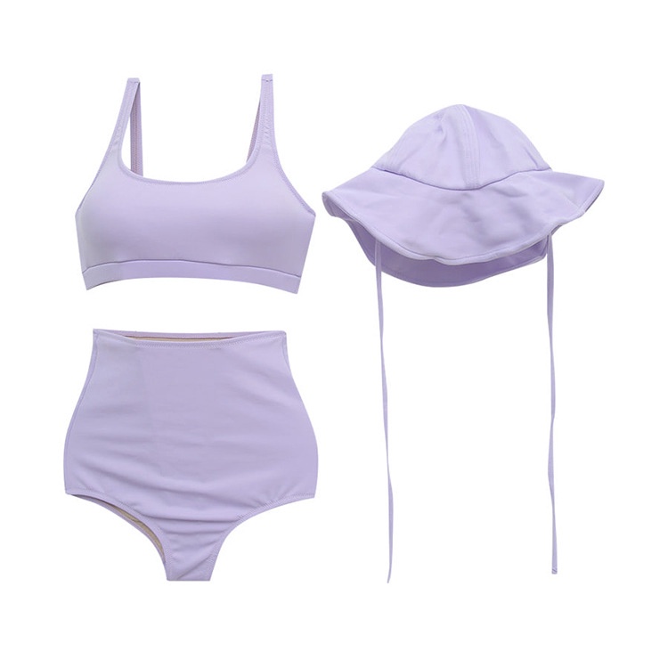 Bikini Hàn Quốc 2 mảnh áo quần lưng cao giấu bụng + kèm mũ màu tím siêu ngọt, đồ bơi đi biển, hồ bơi
