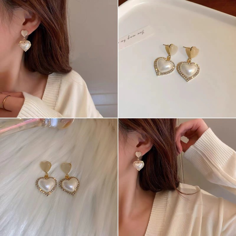 Bông Tai Mạ Bạc 925 Hình Trái Tim Đính Ngọc Trai Thời Trang 2022 Sang Trọng Cho Nữ