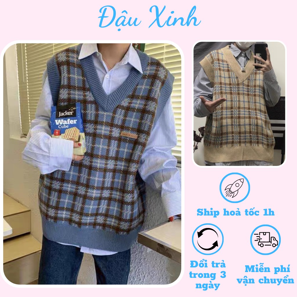 Áo gile len cổ V họa tiết kẻ caro dáng rộng phong cách hàn quốc - 016