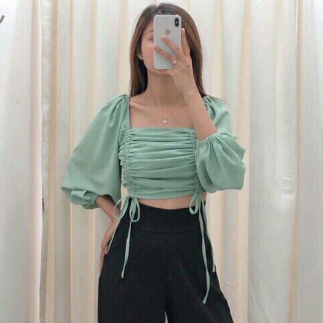 Áo kiểu chất voan rút dây 2 bên tay dài_áo croptop