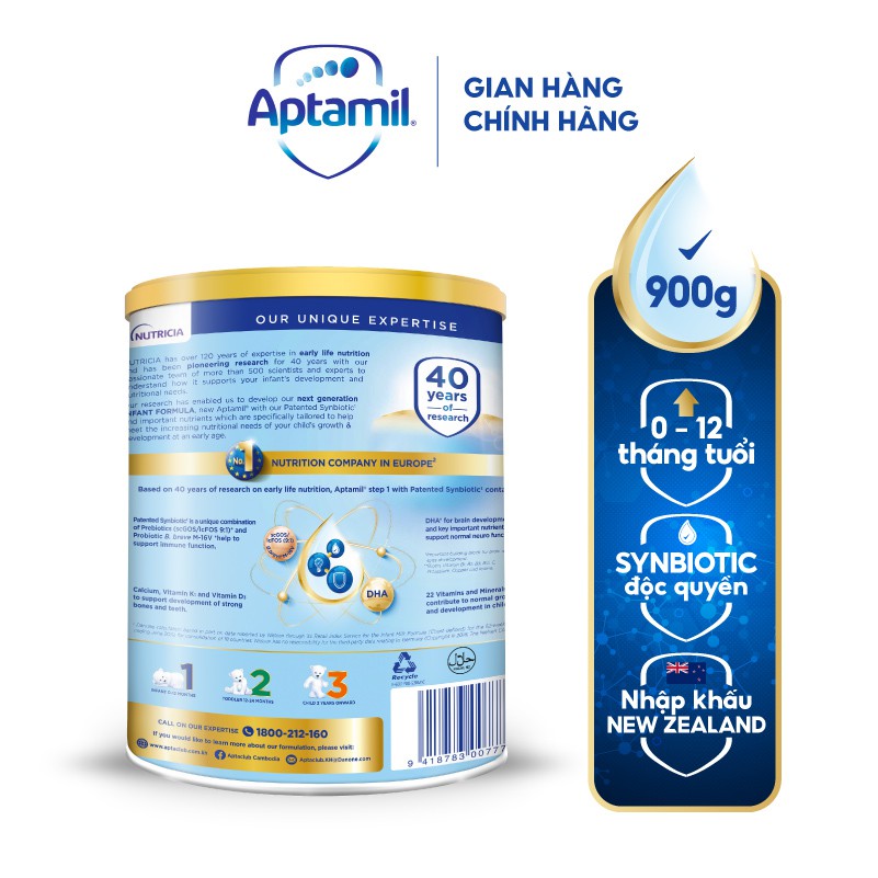 Combo 2 Sữa bột Aptamil New Zealand hộp thiếc số 1 (900g/lon) cho bé 0-12 tháng tuổi