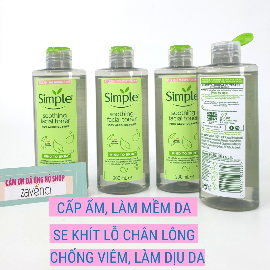 Nước hoa hồng Simple Kind To Skin Soothing Facial Toner da nhạy cảm 200ml - ZAVENCI Official