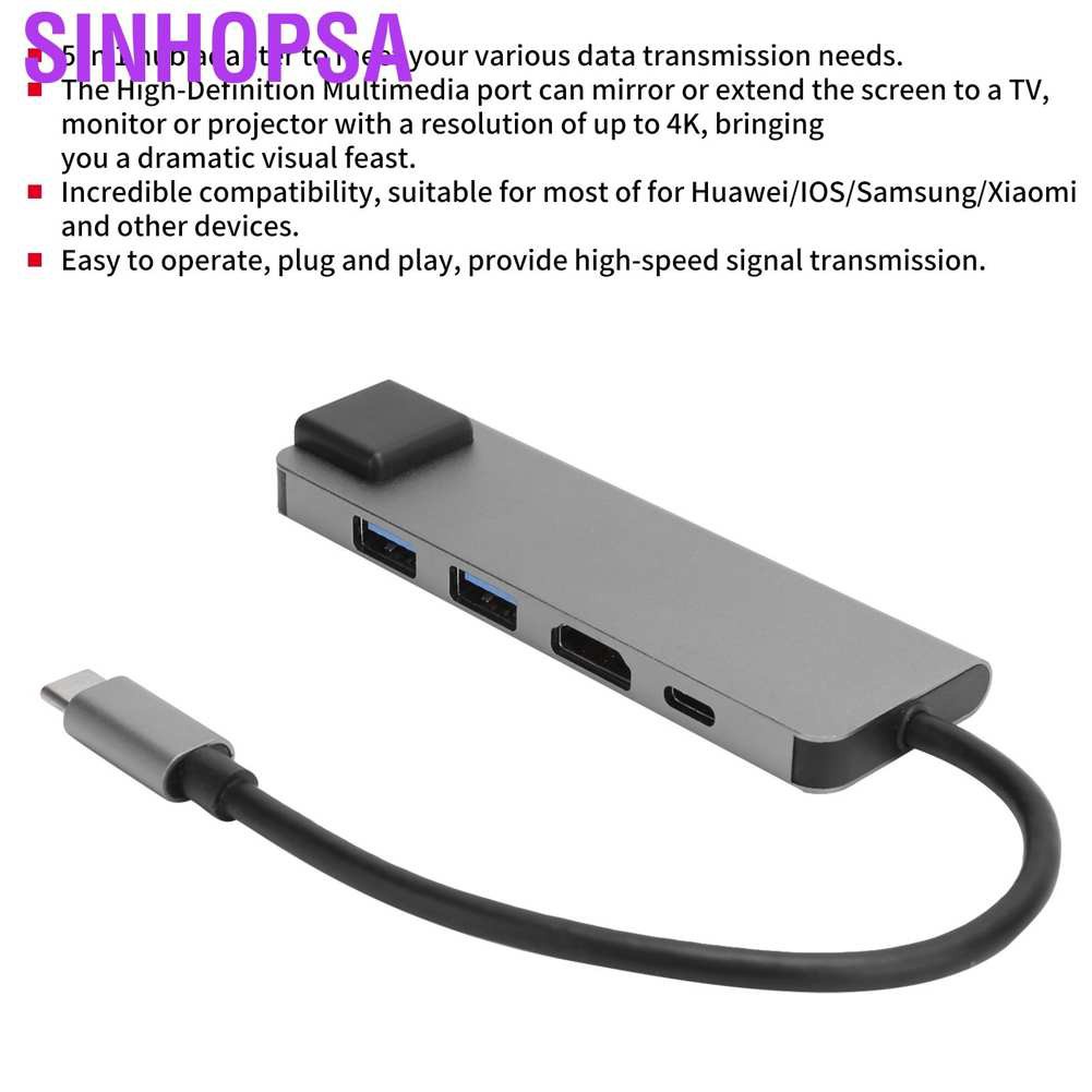 Sinhopsa 5 In 1 USB-C Hub 4K HDMI Type-C to PD RJ45 USB3.0 Adapter for iOS Samsung