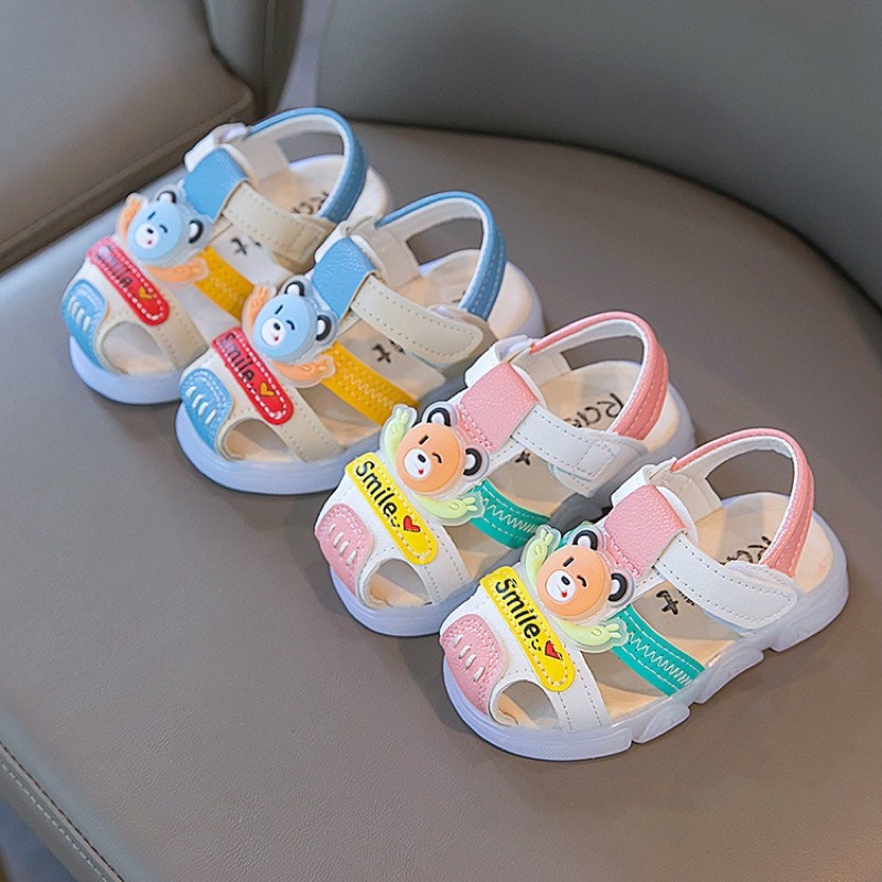 Sandal bé trai dép rọ tập đi cho bé trai bé gái con gấu da PU mềm có quai dán nhiều màu sắc smile A335 BabyBees (16-25)