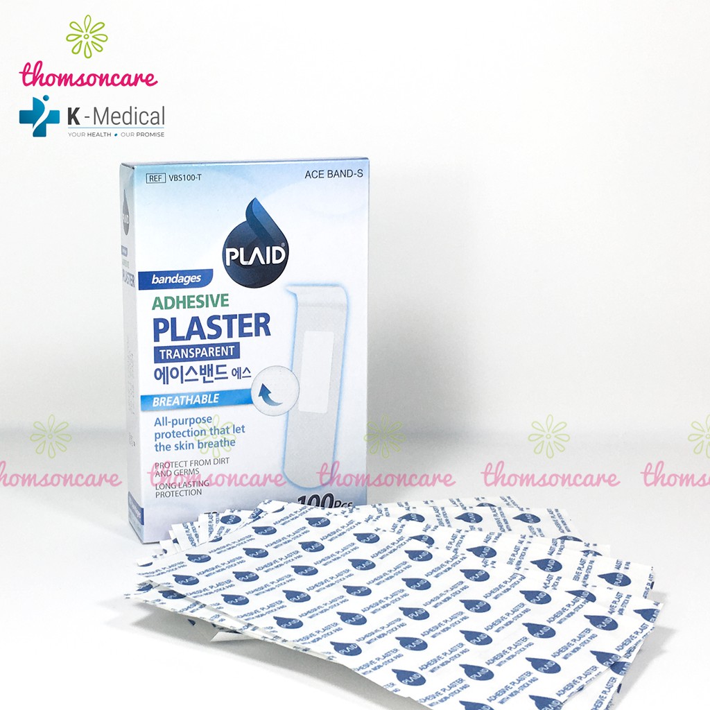 Băng cá nhân trong suốt Plaid Adhesive, băng dính vết thương thẩm mỹ, che mụn  hộp 100 miếng chống nước