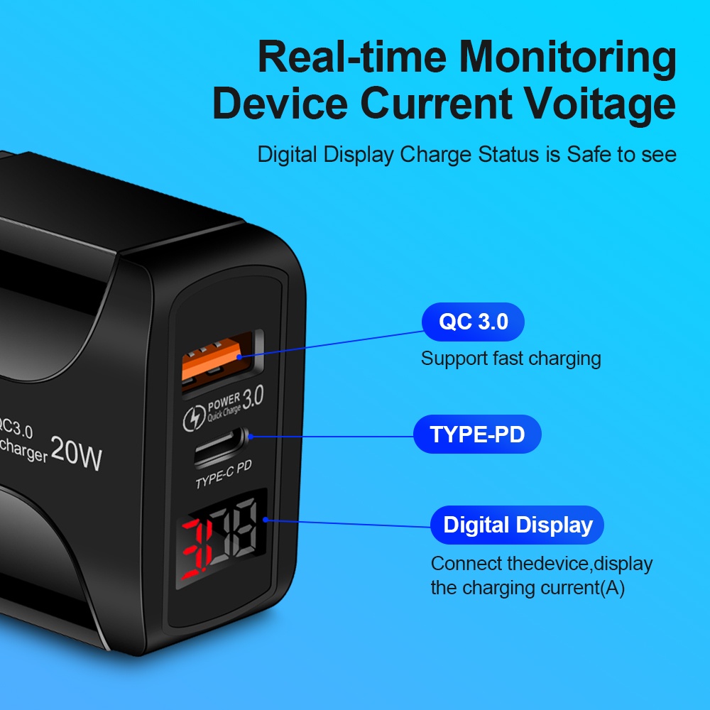 20W+QC3.0 USB Type C  Digital Display Fast Charging Charger