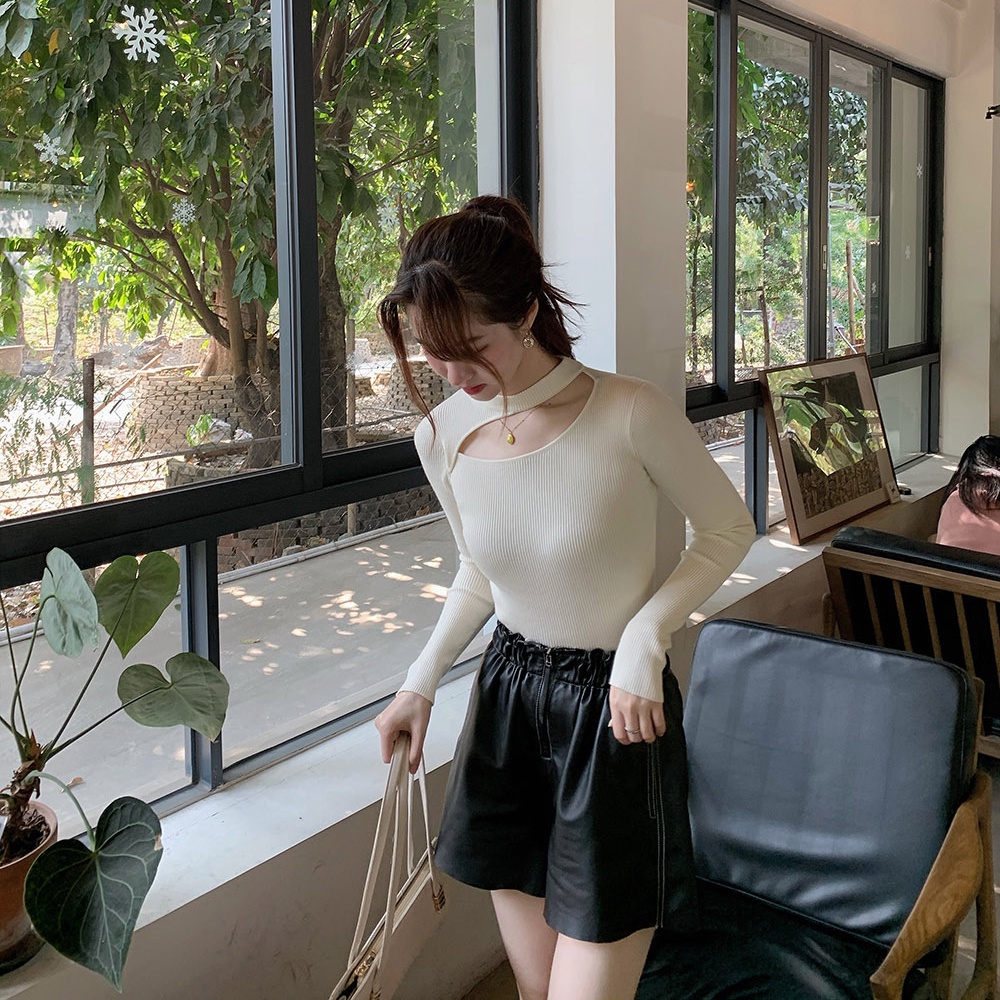 QKOOLE  Áo len tay dài màu đen dáng ôm phong cách Hàn Quốc thời trang cho nữ