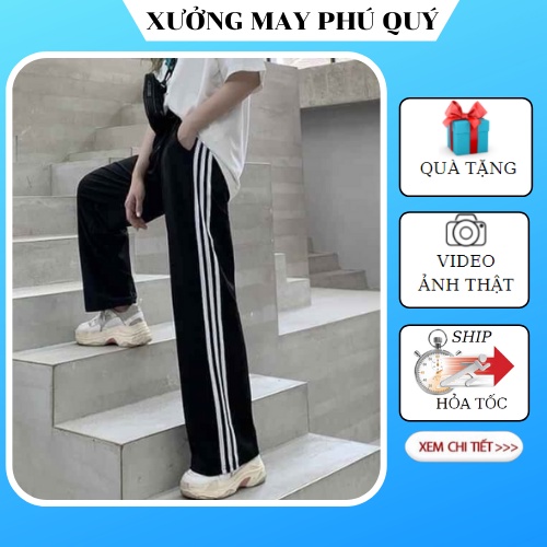 Quần ống xuông rộng 3 sọc trắng, quần cullotes lưng thun 3 line kiểu dáng thể thao