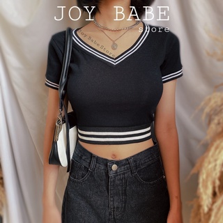 Áo croptop phong cách cá tính JOY BABE 🤍 cổ tim viền đen trắng, đơn giản - chất, thun gân ôm body cổ chữ V CRON 197 -4B #0