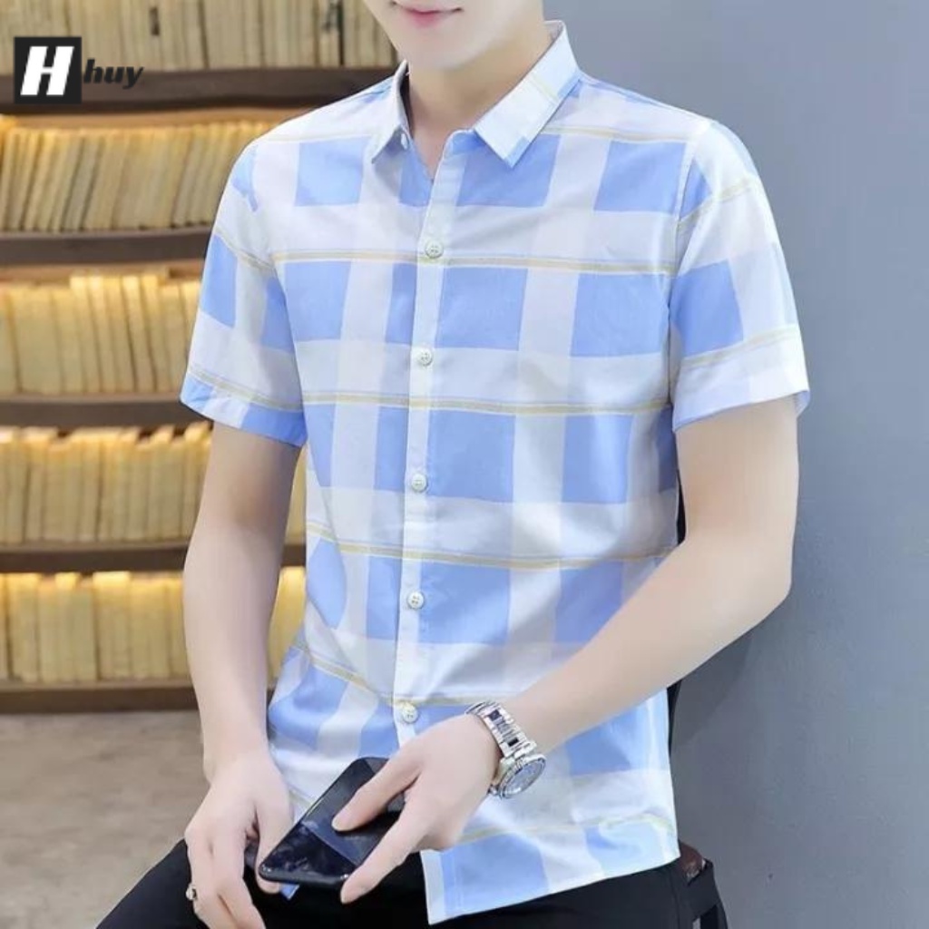 Áo Sơ Mi Nam Ngắn Tay Phối Họa Tiết Caro Ô Vuông TP Hàn Quốc - 2 Màu