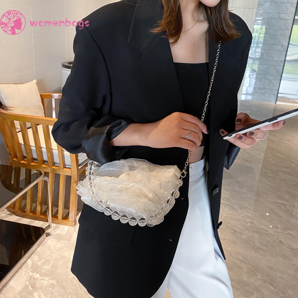 Túi đeo vai/ xách tay lụa satin lưới phối chuỗi dây hạt acrylic thanh lịch thời trang cho nữ