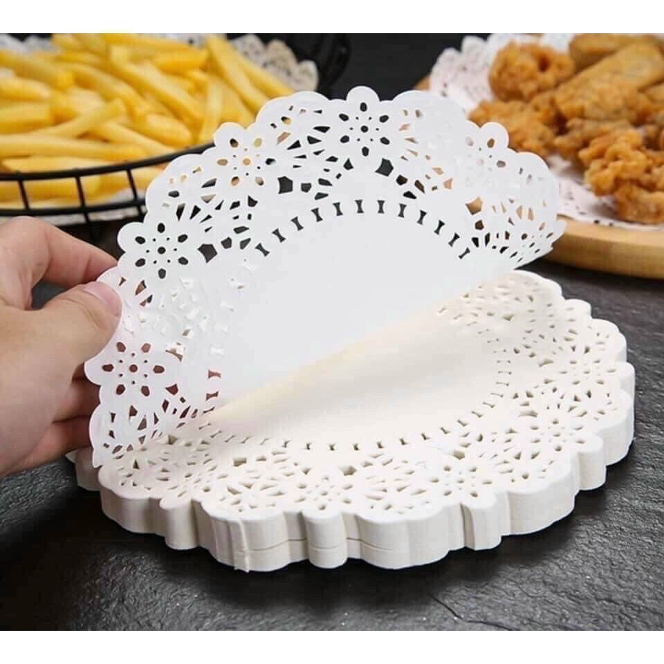 Gói Giấy nến đục lỗ viền hoa văn, Giấy nến tròn lót xửng hấp, nồi chiên không dầu, hấp bánh bao