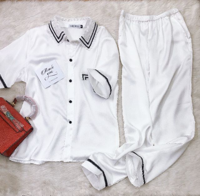 [ XẢ LỖ] Bộ Mặc Nhà Pijama Lụa Nguyên Chất Cộc Tay Quần Dài Phối Cổ Ren Cao Cấp 40-65kg | BigBuy360 - bigbuy360.vn