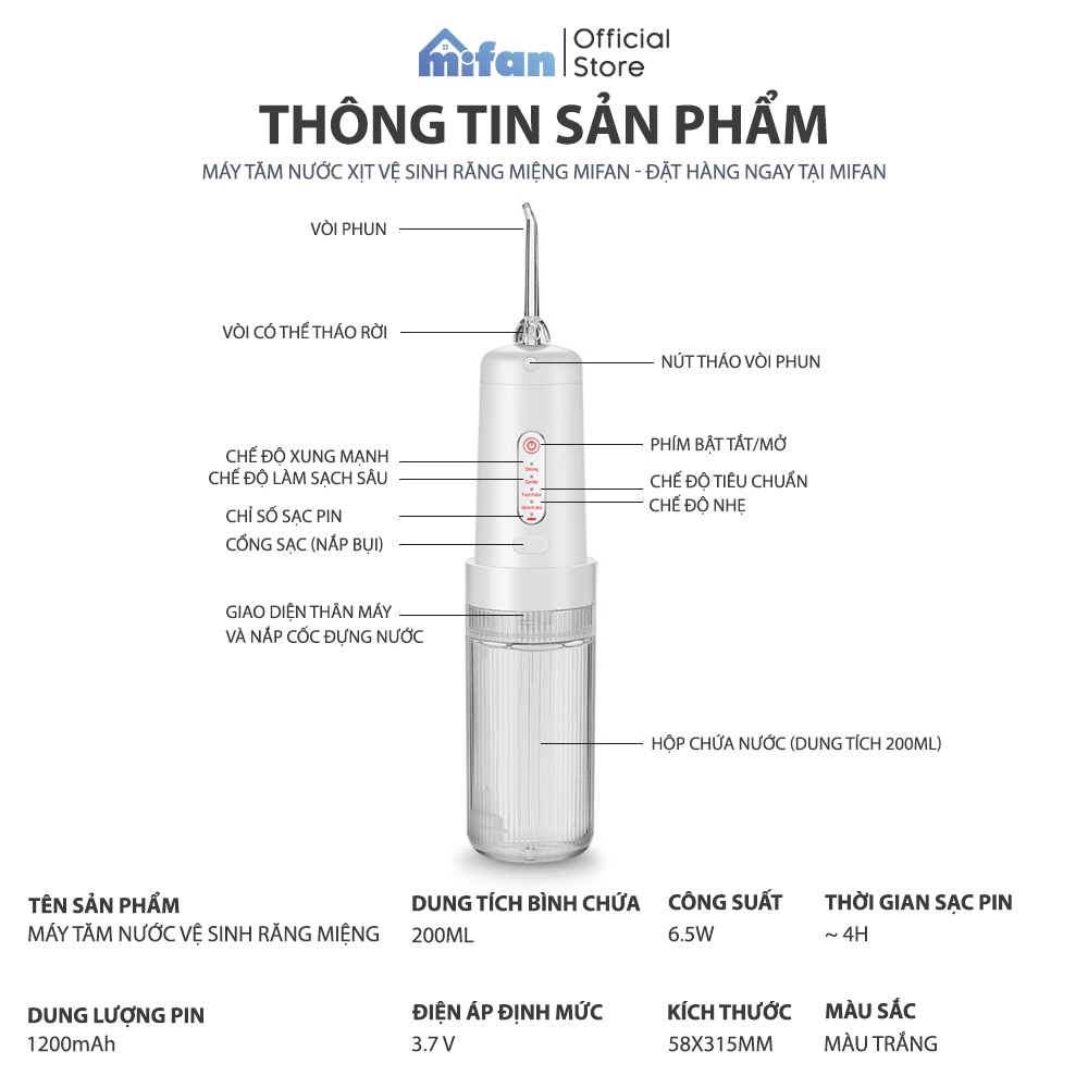 Máy Tăm Nước Xịt Vệ Sinh Răng Miệng MIFAN model 2021-Bình nước tháo rời tiện lợi, 2 đầu phun, Pin sạc 1200mAh-BH 3 tháng