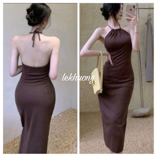 Đầm ôm body hở lưng cổ yếm chất thun Gân Len dày dặn co giãn 4 chiều