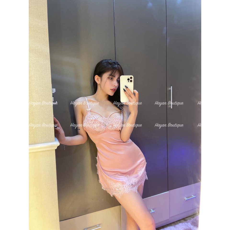 HT59 Váy ngủ sexy phối ren dây ngực quyến rũ, đồ ngủ lụa dáng xuông gợi cảm HT59