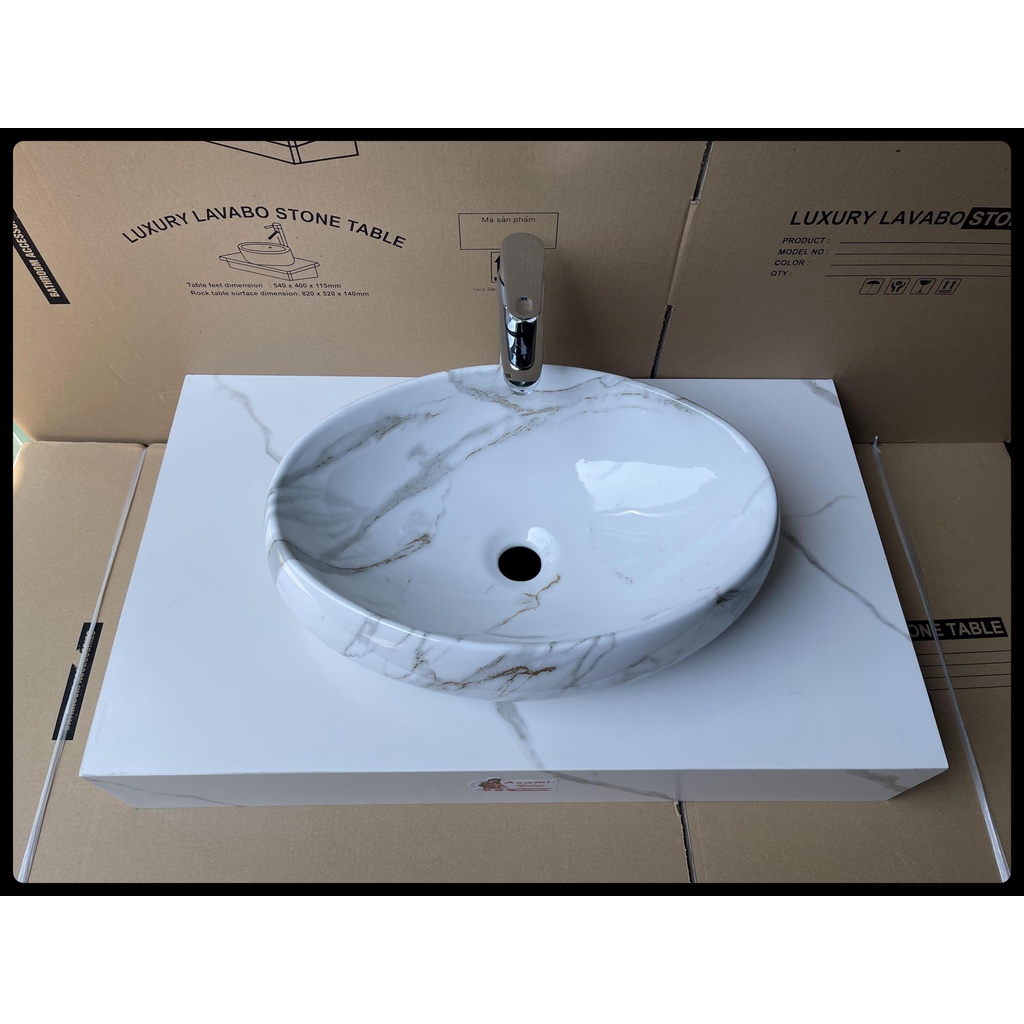 Chậu rửa mặt - Lavabo elip đặt bàn họa tiết vân đá trắng KT 50x31, 40x30cm