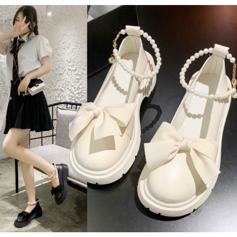 GIÀY BỐT LOLITA MŨI TRÒN NƠ NGỌC  ngọc tháo rời được và quai dán cánh đính charm 802