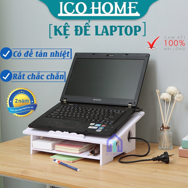 Giá để máy tính laptop bằng gỗ để bàn, có mẫu khay đựng bút - Ico Home