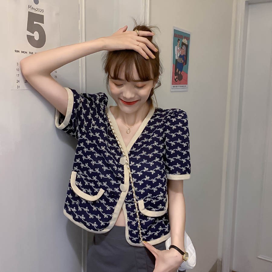 Áo kiểu ngắn tay thiết kế khuy gài xinh xắn thời trang phong cách Hàn Quốc cho nữ