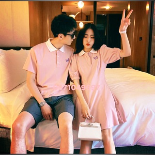 {Có ảnh thật}Váy thun đôi: Váy thun polo thêu bướm + Áo polo nam phối hợp