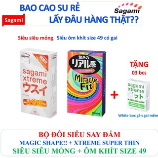 [CHÍNH HÃNG] Bộ đôi CHÂN THẬT 10 bao cao su siêu siêu mỏng SAGAMI Super Thin + 10 BCS Miracle Fit size 49mm