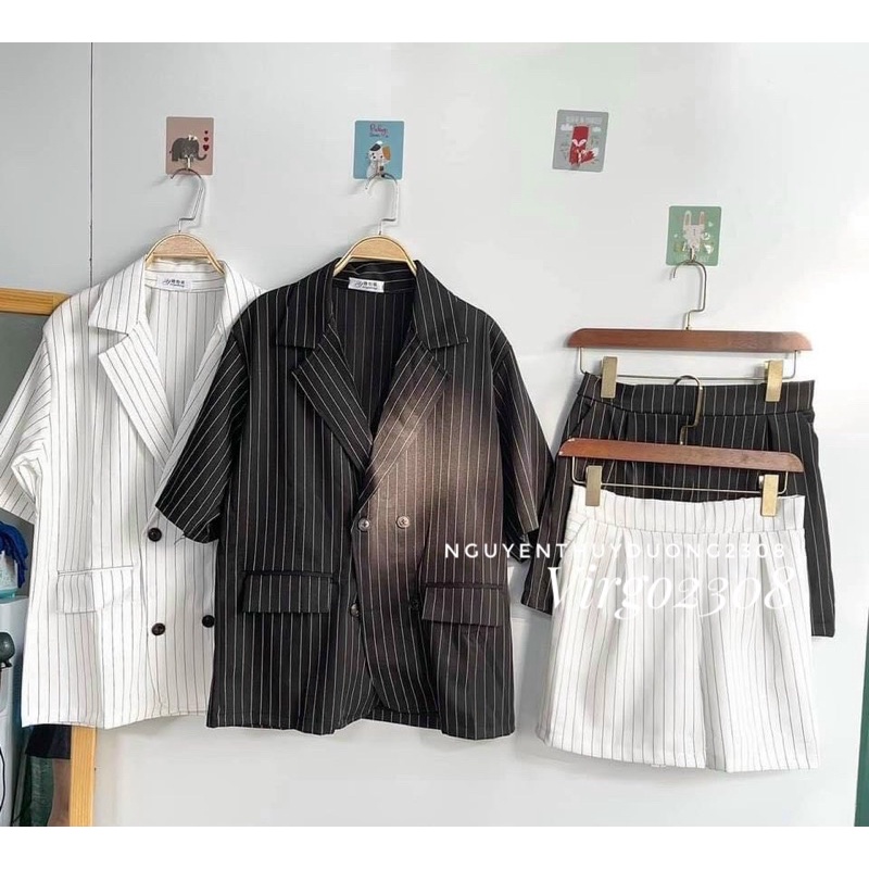 [Ảnh thật/Sẵn]Set vest kẻ sọc 4 cúc ngắn tay/Set blazer kẻ sọc ngắn tay | WebRaoVat - webraovat.net.vn