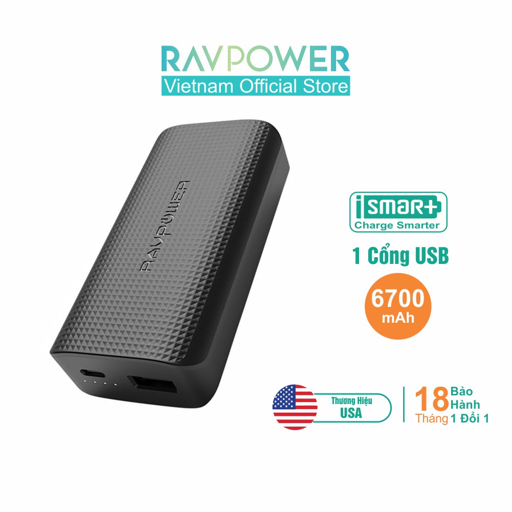 Pin Sạc Dự Phòng 6700mAh 12W iSmart, Thiết Kế Nhỏ Gọn, Đệm Cao Su RAVPower RP-PB132 - Hàng Chính Hãng