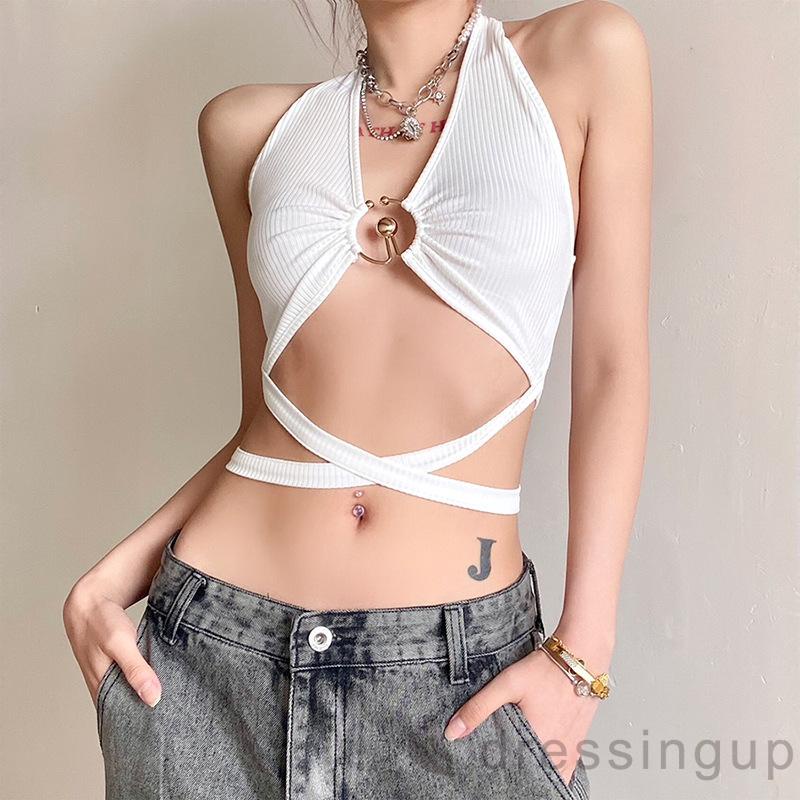 DRE-Women’s Fashion Solid Color Tank Top,Hollow Bandage Exposed Navel Halter Camisole