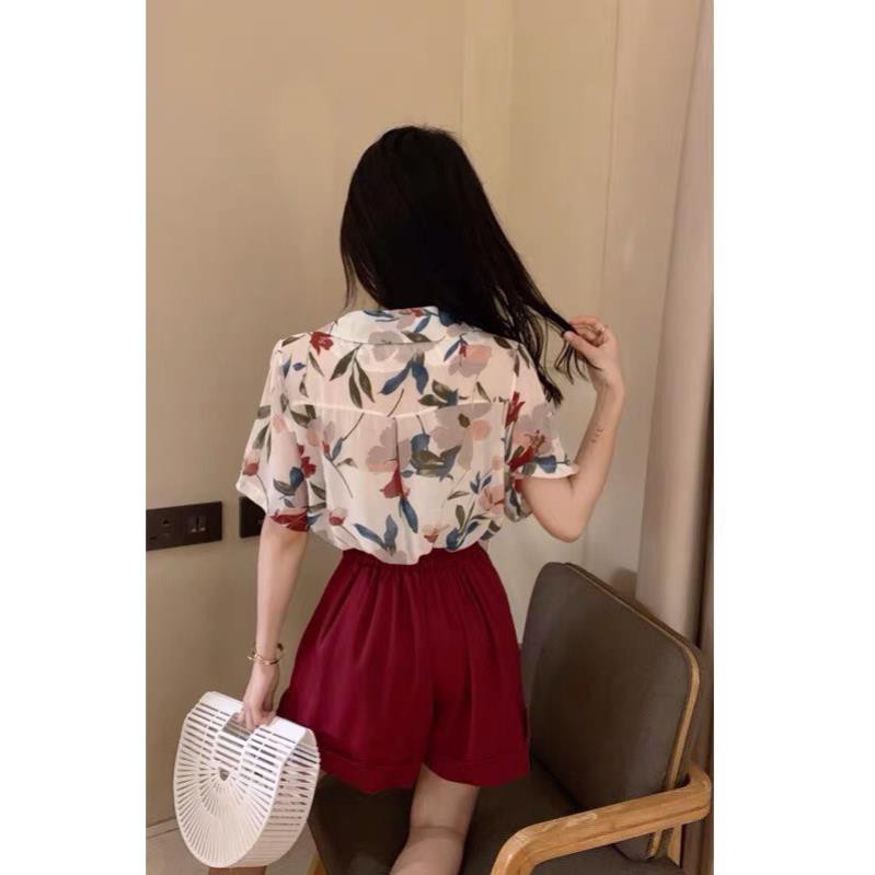 freeship Bộ Quần Short Kèm Áo Sơ Mi Hoa Lá ,Quần Đùi Đỏ Kèm Áo Sơmi Dáng Rộng F006 | BigBuy360 - bigbuy360.vn