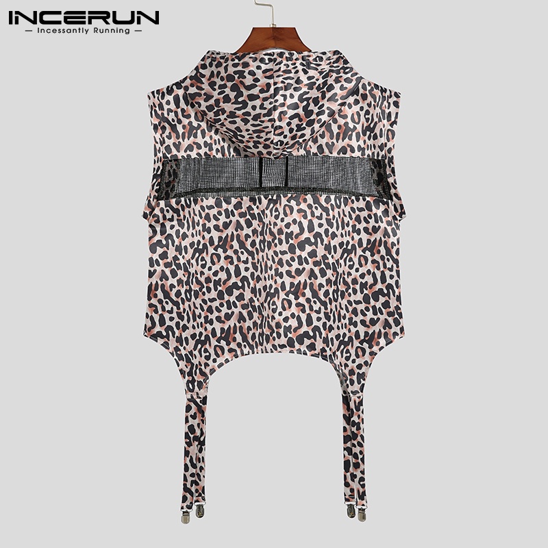 Áo thun vải lưới INCERUN không tay có mũ trùm đầu họa tiết da báo cho nam