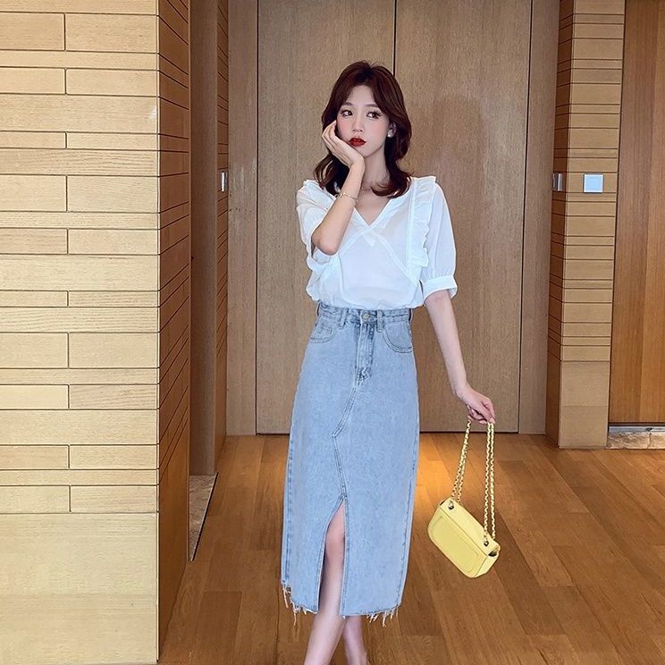 Áo kiểu tay ngắn phồng cổ chữ V dáng rộng phong cách Hàn Quốc thời trang cho nữ