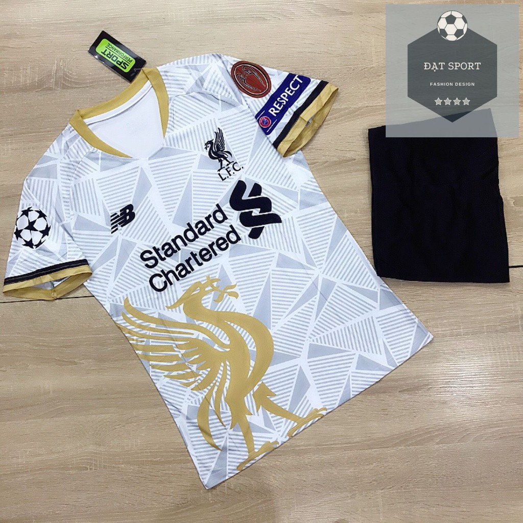 Quần áo bóng đá thun thái cao cấp l1 - LIVERPOOL 2020 ( trắng vàng )